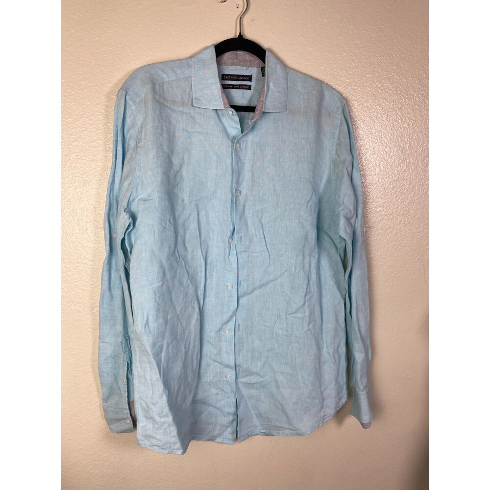 Saks Fifth Avenue 100% Linen Blue Classic Fit Long Sleeve Button Up Shirt Medium